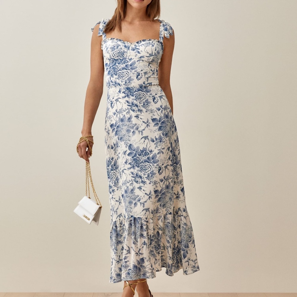 Reformation Nikita Dress in Blue and White Pompadour